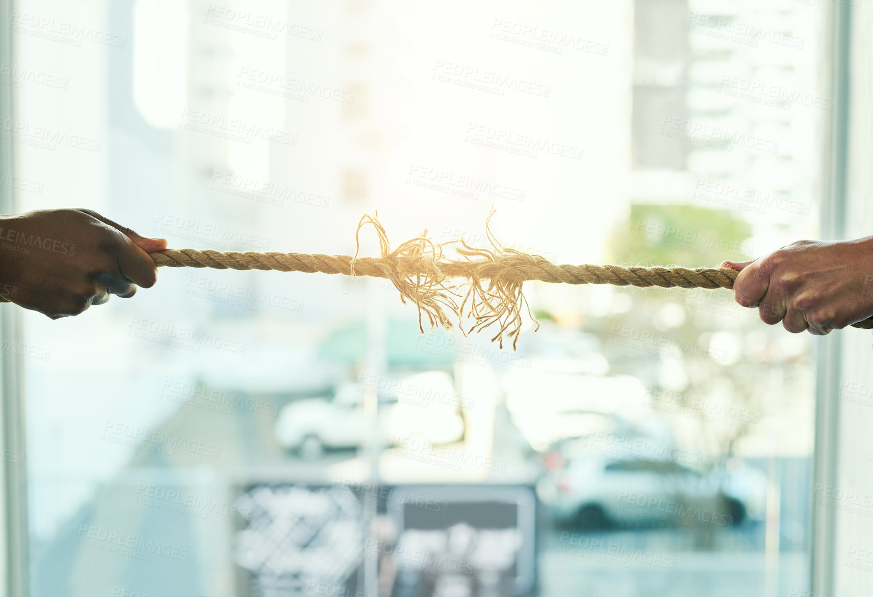 Buy stock photo Business people, hands and pulling a rope in office for power, professional competition and pressure from opposition. Challenge, employees or fight for leadership with struggle, battle and tug of war