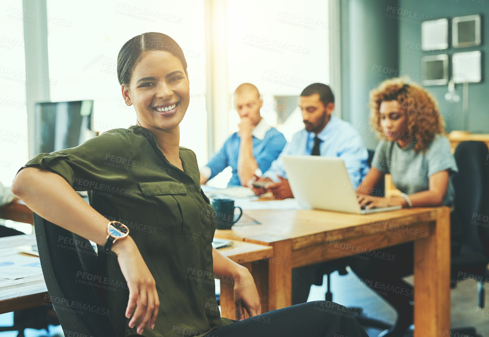 Buy stock photo Business meeting, smile and portrait of woman in office for company, development and sales planning. Happy, creative and employee with colleagues at desk for project management, review and confidence