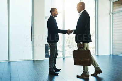 Buy stock photo Handshake, partnership and travel for business men in office for onboarding, collaboration and agreement. Corporate, teamwork and male lawyers shaking hands for thank you, welcome and contract deal
