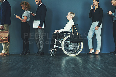 Buy stock photo Waiting, interview line and woman inclusion in wheelchair for business recruitment in office. Diversity, technology and employee people with disability in waiting room queue for hiring inn workplace