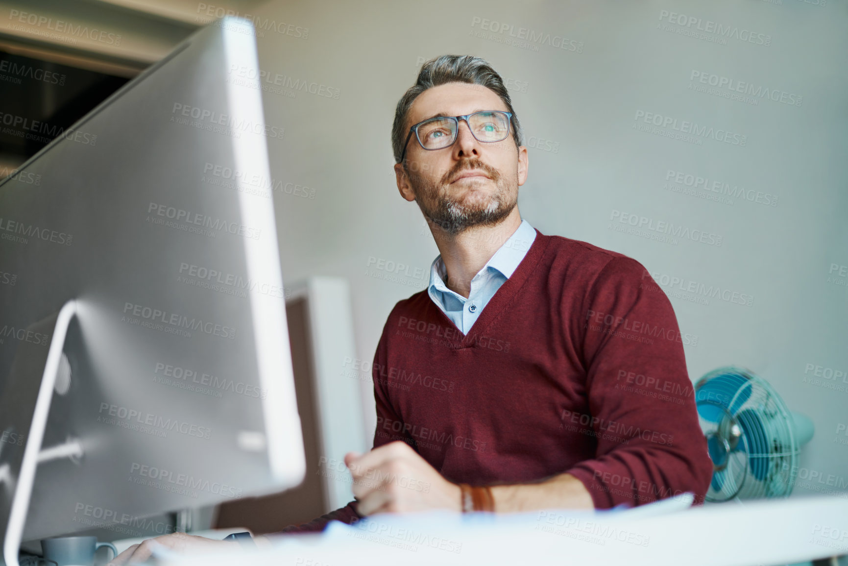 Buy stock photo Remote work, man and thinking with glasses for solution, response and research in home office. Male freelancer, technology and idea at desk for communication, review and planning on internet