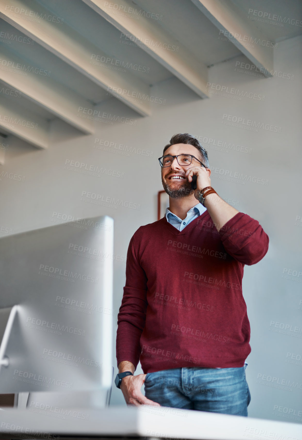 Buy stock photo Man, phone call and connect with client in office, discussion and feedback for project management. Male person, mature manager and online for b2b connection, speaking and plan to review proposal