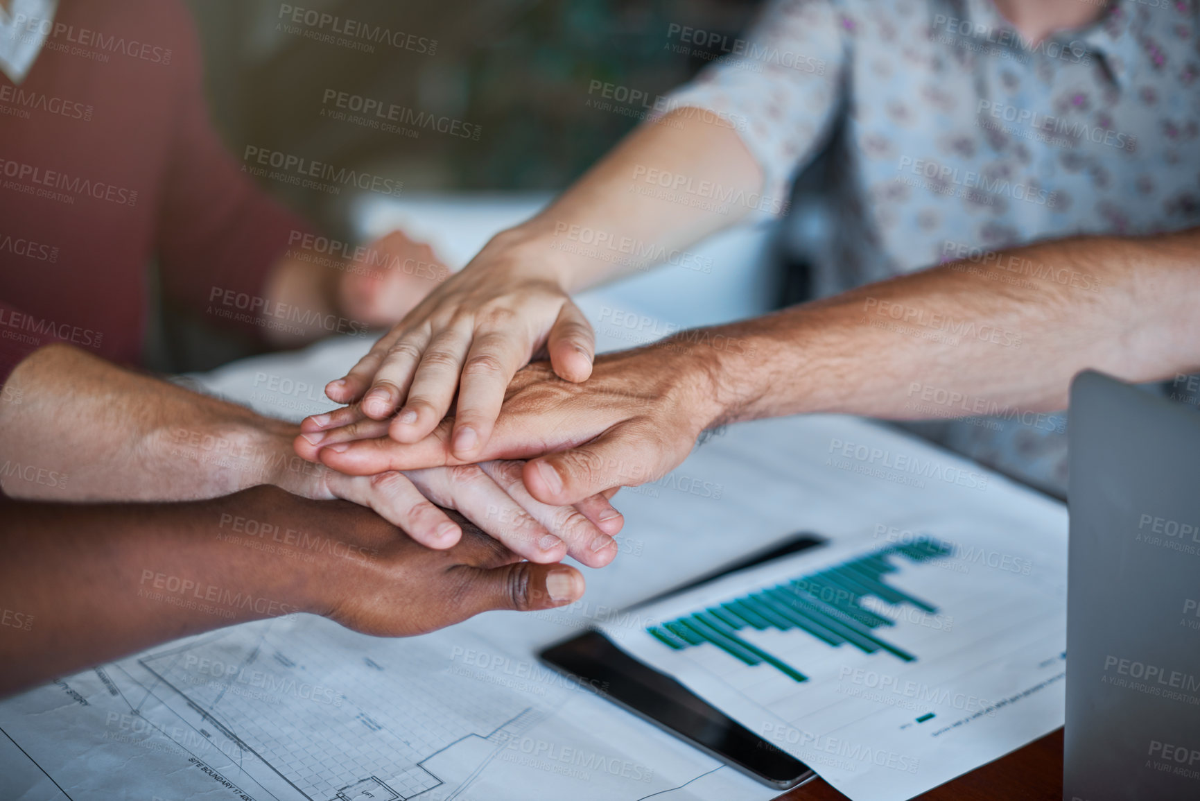 Buy stock photo Employees, hands and pile for teamwork on desk, finance group and paperwork for company mission. Business people, stack and staff for motivation with goals, statistics and solidarity collaboration