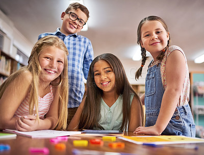 Buy stock photo Portrait of a group of young children at school