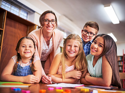 Buy stock photo Teacher, happy kids or portrait of students in library for education, child development or learning in junior grade. Studying, primary school and group of children with woman, tutor and assistance