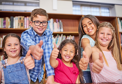 Buy stock photo Happy children, portrait or students with thumbs up in library for review or feedback in learning or education. School, vote or group of proud kids with like, yes sign or OK for agreement or teamwork