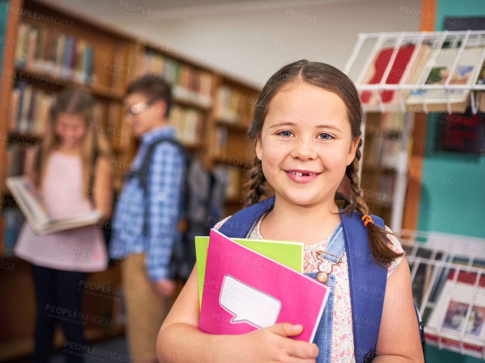 Buy stock photo School, library and portrait of child with books for education, reading and learning. Academy, happy student and young girl on campus with backpack for knowledge, development and lesson for class