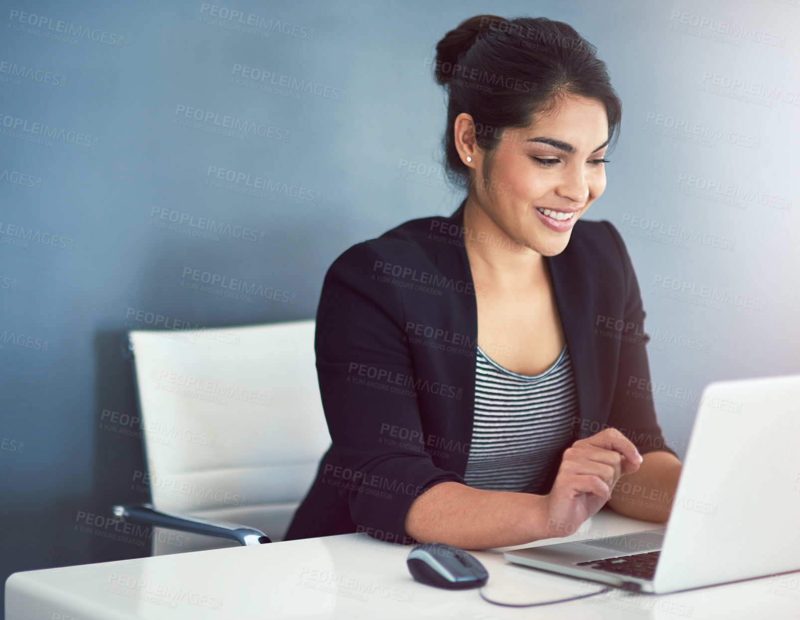 Buy stock photo Technology, businesswoman with laptop and at her desk of a modern workplace office.  Social networking or online communication, connectivity and female person typing an email at her workstation