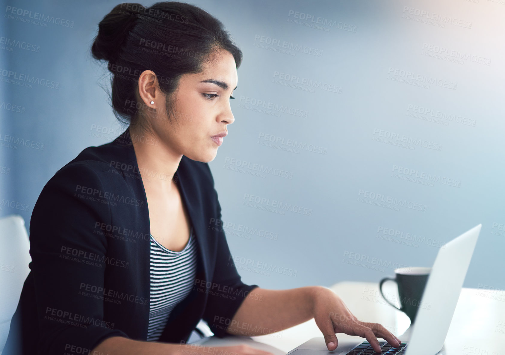 Buy stock photo Typing, office and business Indian woman on laptop for online project, research and working on proposal. Virtual assistant, administration and person on computer for internet, website and planning