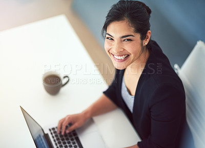 Buy stock photo Office, laptop and portrait of business woman at desk working on online project, planning and typing email. Corporate, administration and above of person on PC for internet, website and research