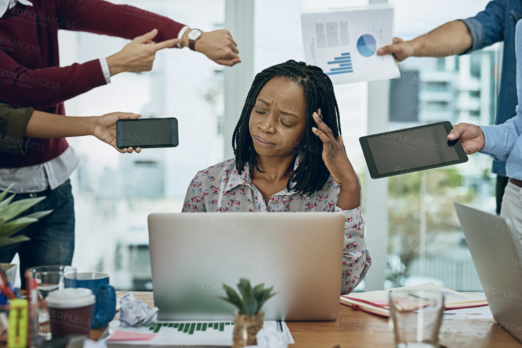 Buy stock photo African woman, headache and chaos in office with hands, staff and documentation for deadline at startup. Person, stress and multitasking with paperwork, charts and time management with technology