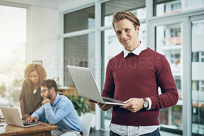 Buy stock photo Design, laptop and portrait of man in web development office for creative project management. Computer, leadership and developer employee in professional agency workplace for online administration