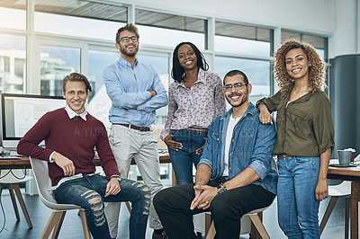 Buy stock photo Portrait, teamwork or business people in modern office, diversity or cooperation with design company Group, staff or employees in workplace, multiracial or about us with consulting agency or creative