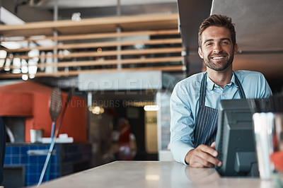 Buy stock photo Portrait of a young entrepreneur working in a cafe