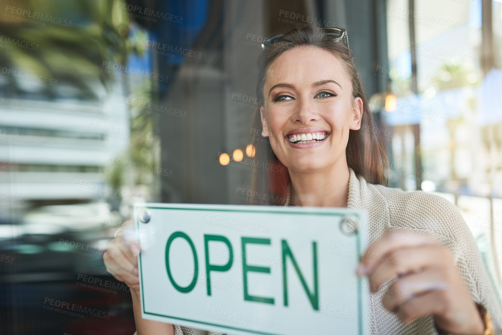 Buy stock photo Smile, business and woman with open sign of startup announcement, entrance window and welcome poster. Happy, female person and store news for enter, invitation and customer service of hospitality