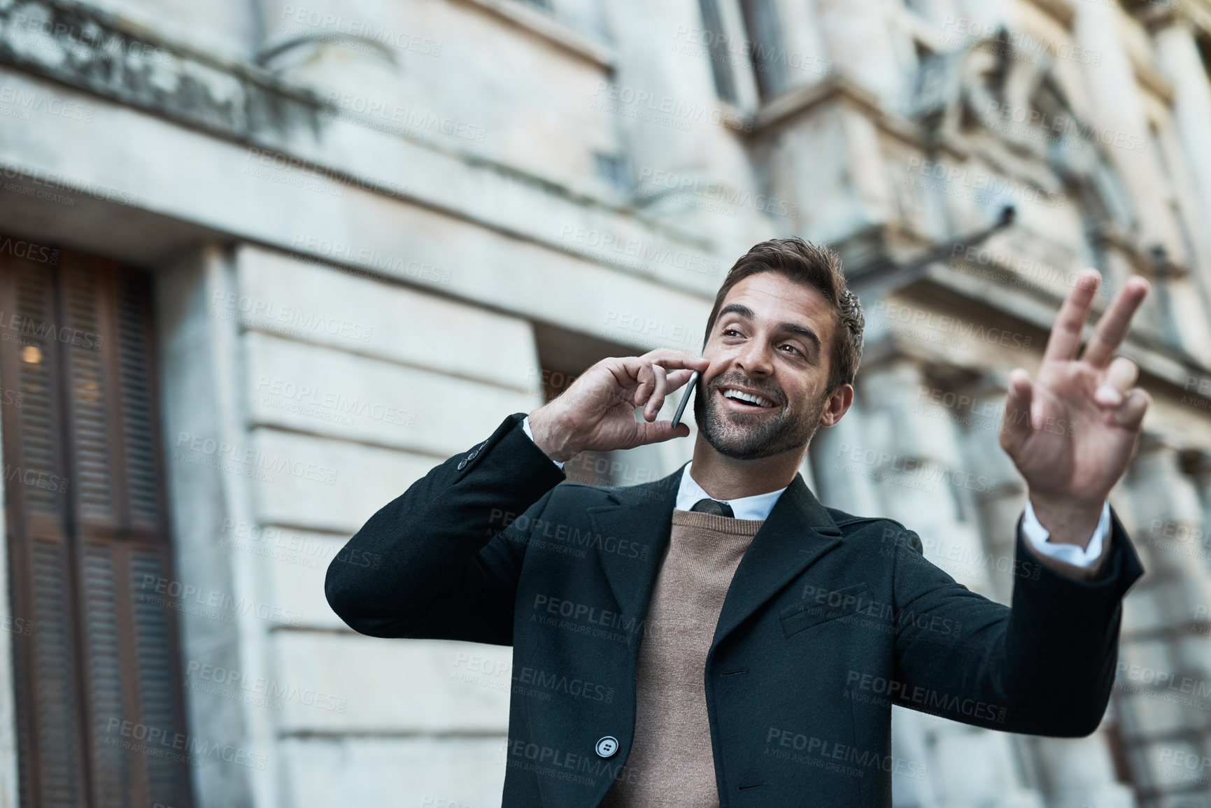 Buy stock photo Business, man and stop taxi in phone call with smile for conversation and connection in New York as lawyer. Male person, employee and happiness in street with hailing cab for legal advice meeting