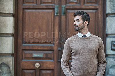 Buy stock photo Cropped shot of a handsome businessman about town