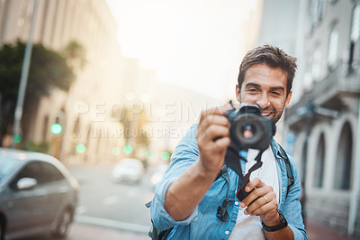 Buy stock photo Photographer, city and man with camera, memory and travel with creativity, vacation and urban explore. Male person, destination and journalist for photography, research and tourism adventure abroad