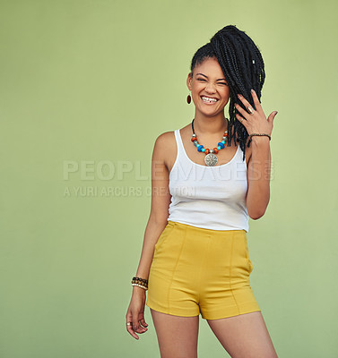 Buy stock photo Fashion, portrait and natural black woman with braids enjoying youth, vacation and summer freedom. Happy, wellness and excited smile of young Jamaican girl standing at green background mock up.

