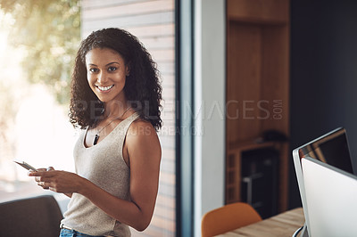 Buy stock photo Portrait of an attractive young woman using a digital tablet in a modern office