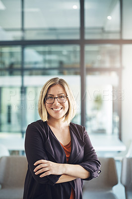 Buy stock photo Confident manager, leader and creative boss with her arms crossed in a powerful, assertive and proud stance. Portrait of smiling, happy and business woman ready for success with arms folded in office