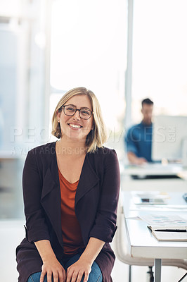 Buy stock photo Smiling face of a businesswoman, HR professional or corporate worker in a modern office. A happy portrait of human resources manager in administration at corporate company with background copy space