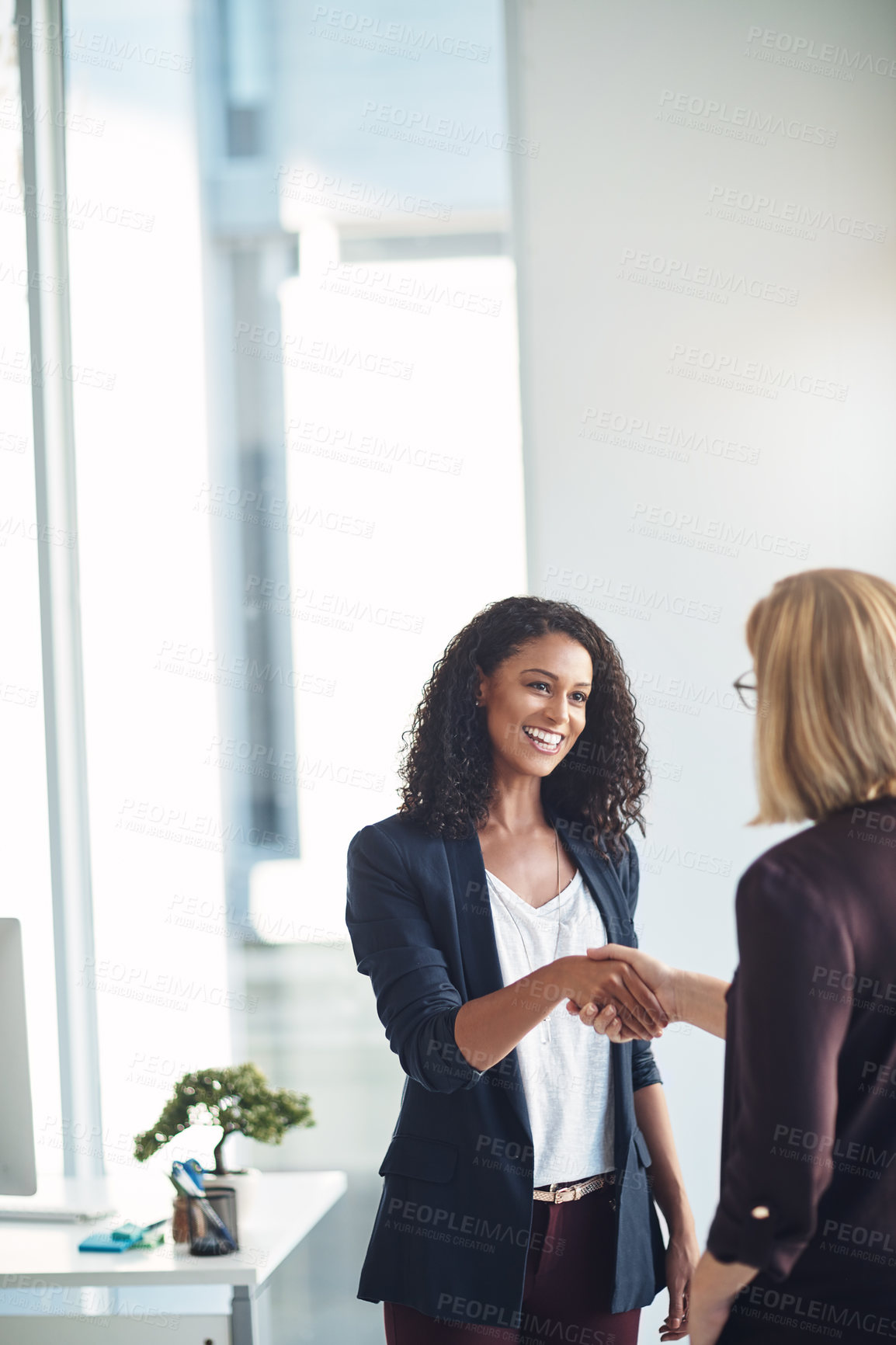 Buy stock photo Happy business women shaking hands, meeting and greeting in an office. Confident young professional talking to a manager about a promotion or job performance. Hr congratulating an ambitious employee