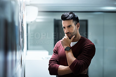 Buy stock photo Wall, thinking and business man focus on ideas, planning or problem solving solution, strategy or office plan. Development, information analysis and professional person contemplating project idea