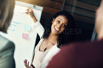 Buy stock photo Presentation whiteboard, audience or happy woman speech, proposal negotiation or marketing strategy deal. Sales pitch, communication or team leader, speaker or biracial person speaking to clients  
