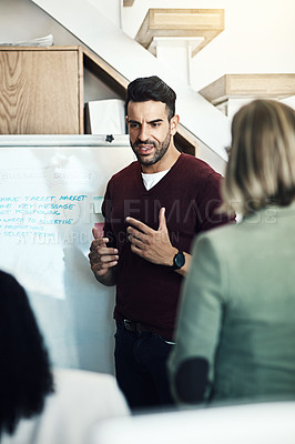 Buy stock photo Presentation meeting, whiteboard and man talking, planning and giving proposal, report or business strategy plan. Project management, group and office manager, leader or boss with sales pitch ideas