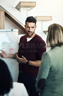 Buy stock photo Office presentation, whiteboard and man talking, planning and giving proposal, report or business strategy plan. Explain, listening group and business manager, leader or boss with sales pitch ideas
