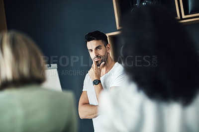 Buy stock photo Presentation focus, business man and thinking of team strategy plan, office development project or planning sales ideas. Group meeting, audience and mentor contemplating coaching startup people