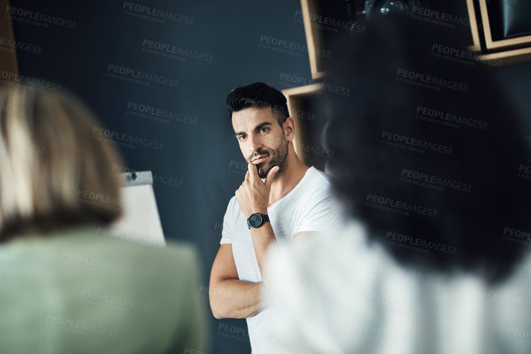 Buy stock photo Presentation focus, business man and thinking of team strategy plan, office development project or planning sales ideas. Group meeting, audience and mentor contemplating coaching startup people