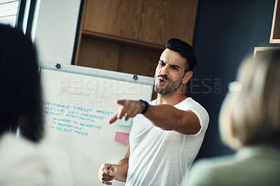 Buy stock photo Business meeting, choice and man pointing at staff agent with success idea, answer or job promotion. Presentation whiteboard, gesture and person giving instruction, mentor speech or choose candidate 