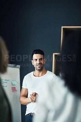 Buy stock photo Presentation, meeting and business man, team mentor or leader planning, coaching or training onboarding group. Workshop coach, project management or boss giving proposal, report or teaching people