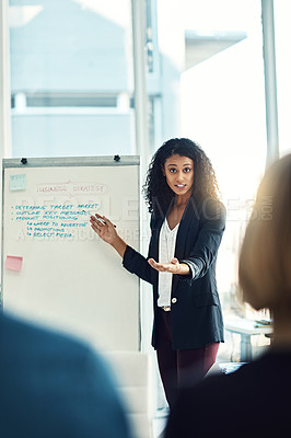 Buy stock photo Presentation whiteboard, meeting and portrait of woman, mentor or leader planning, coaching or training onboarding group. Workshop, coach and boss giving proposal, report or teaching business people 