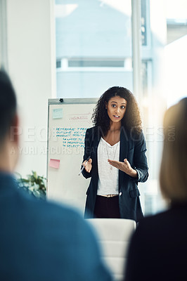 Buy stock photo Office presentation, meeting and woman explain sales pitch, business investment plan or company strategy ideas. Workshop, training coach and boss giving proposal, report or teaching seminar people 