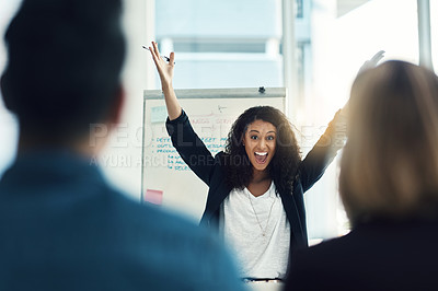 Buy stock photo Presentation meeting, team leader or excited woman cheers for success idea, wow answer or job promotion winner. Congratulations, winning or happy celebration for person, business agent or achievement