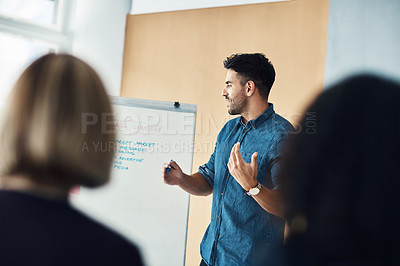 Buy stock photo Presentation whiteboard, meeting speech and man training, coaching or teaching audience, trade show people or seminar. Event presenter, reading and male business leader talking to conference group