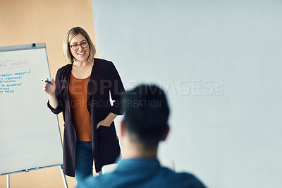 Buy stock photo Presentation whiteboard, team meeting speech and happy woman talking to trade show, sales group or investment clients. Strategy planning, report and person speaking to listening conference people
