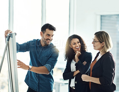 Buy stock photo Board, business people collaboration and manager happy for company development, research plan or presentation. Teamwork, group cooperation or team leader, boss or CEO with startup strategy proposal