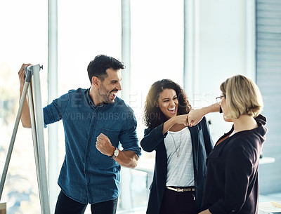 Buy stock photo Brainstorming, fist bump and happy business people celebrate success, teamwork achievement or innovation. Whiteboard, winner and excited team, management or group celebration for planning development