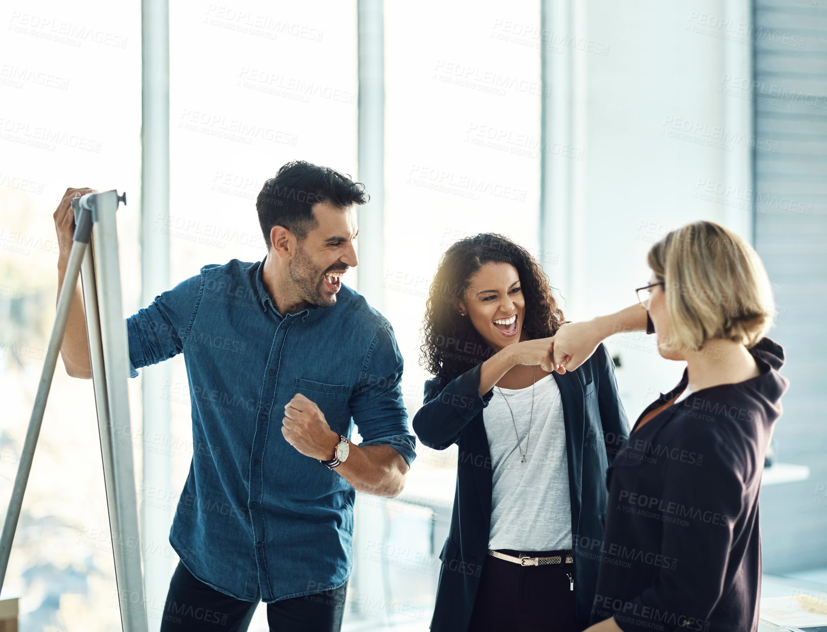 Buy stock photo Brainstorming, fist bump and happy business people celebrate success, teamwork achievement or innovation. Whiteboard, winner and excited team, management or group celebration for planning development