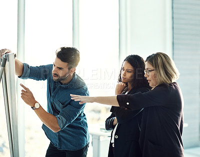 Buy stock photo Brainstorming board, gesture and business people planning discussion, research meeting or working on innovation. Teamwork talk, group cooperation and team conversation on strategy, ideas or moodboard