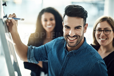 Buy stock photo Planning whiteboard, teamwork and business portrait of happy man writing ideas, strategy or presentation proposal. Collaboration plan, smile and brainstorming group, designer or people work on design