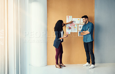 Buy stock photo Brainstorming wall, partnership and business people planning, idea discussion or conversation about creative design choice. Designer collaboration, partner or team working on research plan at startup