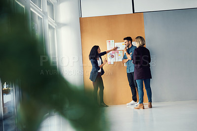 Buy stock photo Brainstorming wall, group communication and business people planning, speaking or talk about creative design ideas. Designer teamwork, cooperation and research team listening to startup presentation
