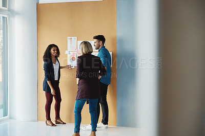 Buy stock photo Presentation wall, CEO and people explaining creative design ideas, professional plan or project report to manager. Group collaboration, brainstorming team and business designer with proposal idea