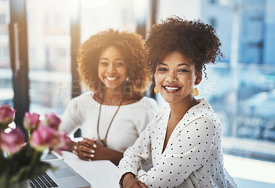 Buy stock photo Portrait, team and business woman at desk for collaboration, startup or project development in office. Event agency, professional and employees with laptop for planning, partnership or support