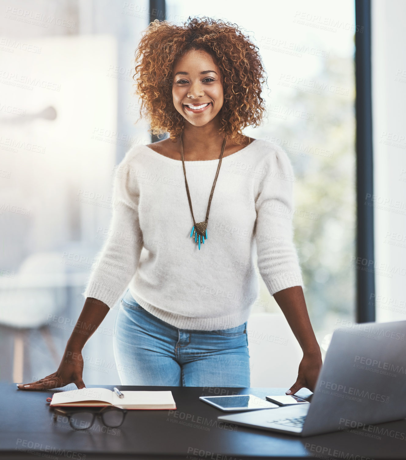 Buy stock photo Black woman, creative and happy in office with portrait, technology and confident for career in story development. Girl, journalist and entrepreneur of media company, publishing and content creation.